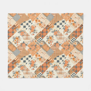 Orange Quilt Patchwork Gingham Cottagecore Floral Fleece Blanket