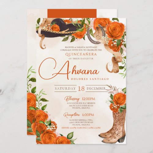 Orange Quinceanera Vintage Charro Western Rose Invitation