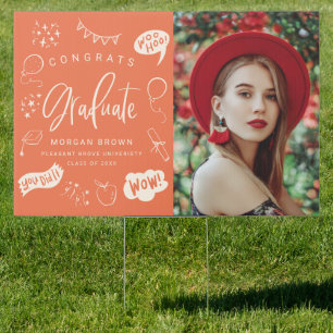 Orange Quirky Doodle Congrats Graduate Photo  Sign