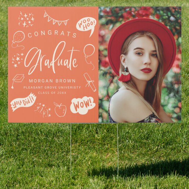Orange Quirky Doodle Congrats Graduate Photo  Sign (Insitu)