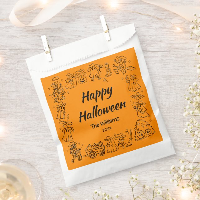 Orange Quirky Hand Drawn Doodles Halloween Favor Bag (Clipped)