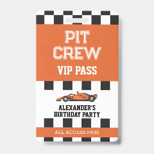 Orange Race Car Vip Pass Pit Crew Birthday Party Badge