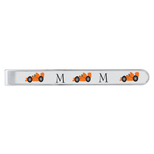 Orange Racing Car Design Monogrammed Silver Finish Tie Bar