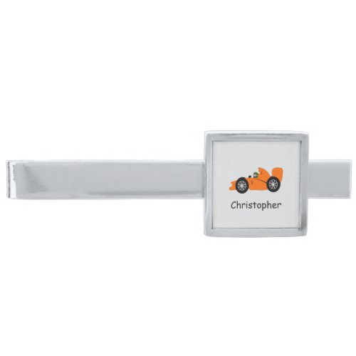 Orange Racing Car Design Personalised Silver Finish Tie Bar