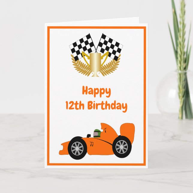 Orange Racing Car Personalised 12th Birthday Card (Front)