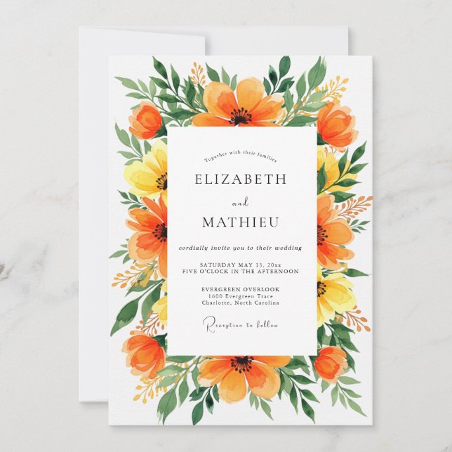 Orange Radiant Botanical Wedding Invitation (Front)
