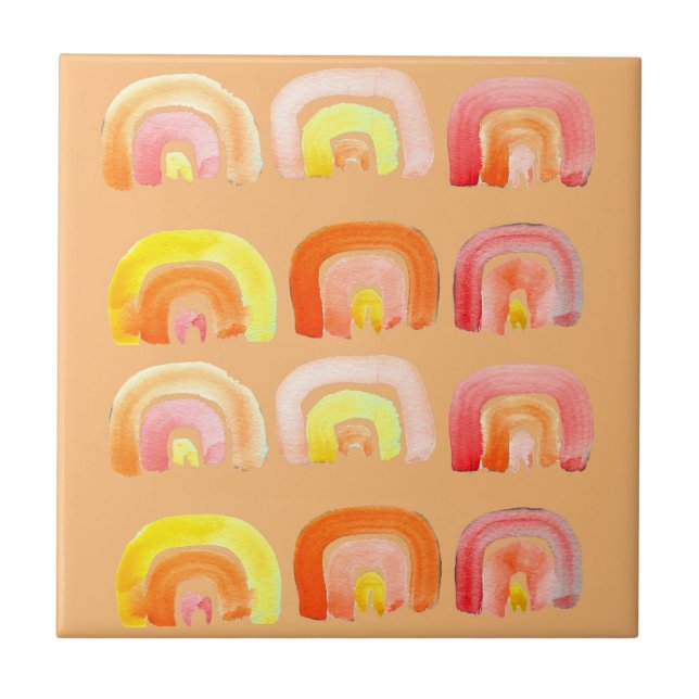 Orange rainbow cute retro art ceramic tile (Front)