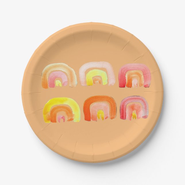 Orange rainbow cute retro art paper plates (Front)