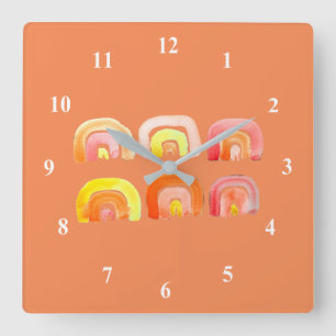 Orange rainbow cute retro art square wall clock