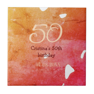 Orange red 50 birthday anniversary add name date p ceramic tile