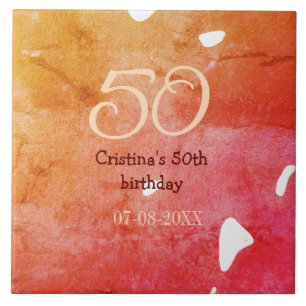 Orange red 50 birthday anniversary add name date p ceramic tile