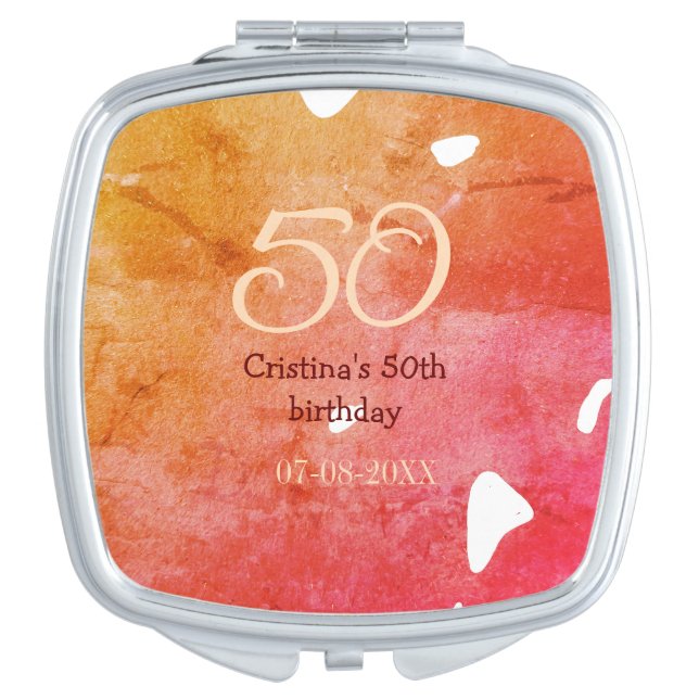 Orange red 50 birthday anniversary add name date p compact mirror (Front)