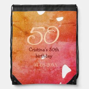 Orange red 50 birthday anniversary add name date p drawstring bag