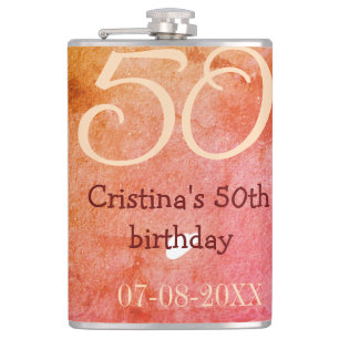 Orange red 50 birthday anniversary add name date p flask