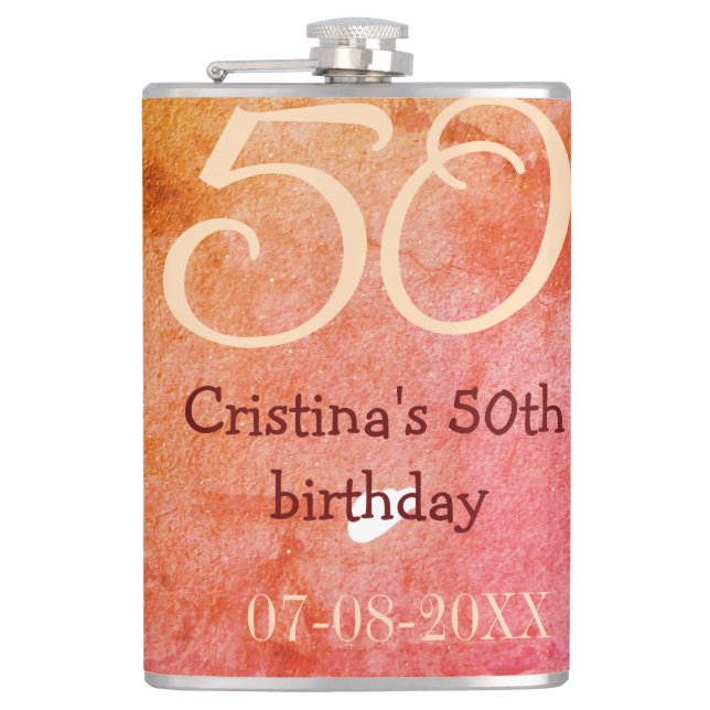 Orange red 50 birthday anniversary add name date p flask (Front)