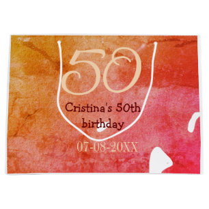 Orange red 50 birthday anniversary add name date p large gift bag
