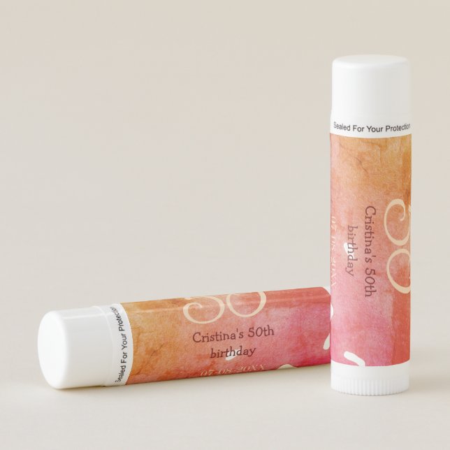 Orange red 50 birthday anniversary add name date p lip balm (Front)
