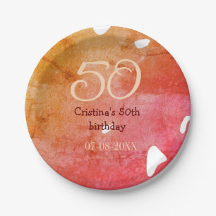 Orange red 50 birthday anniversary add name date p paper plates