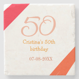 Orange red 50 birthday anniversary add name date p stone coaster