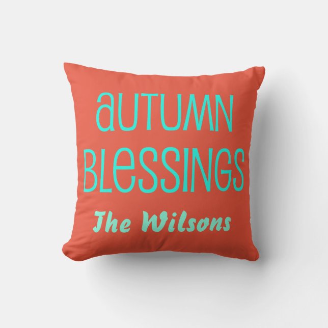 Orange Red and light blue Autumn Blessings Throw Pillow (Front)