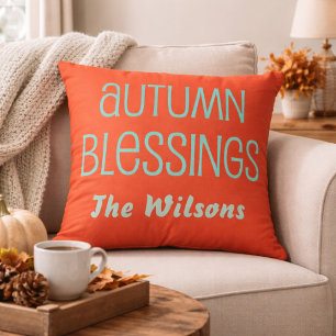 Orange Red and light blue Autumn Blessings Throw Pillow