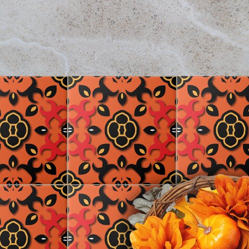 Orange Red Black Ethnic Arabesque Boho Chic Ceramic Tile