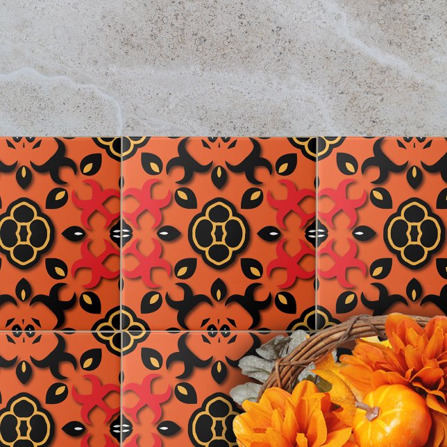 Orange Red Black Ethnic Arabesque Boho Chic Ceramic Tile (Creator Uploaded)