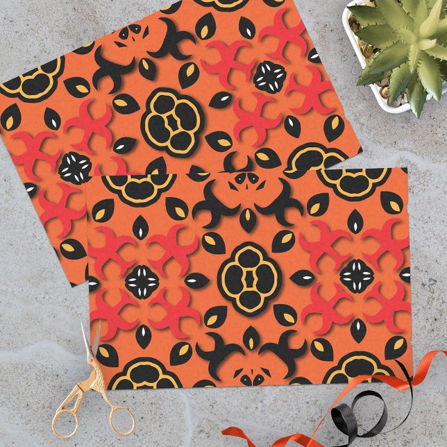 Orange Red Black Ethnic Arabesque Boho Mosaic Tissue Paper (Creator Uploaded)