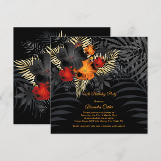 Orange Red Black Hibiscus Floral Birthday Invitation