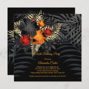Orange Red Black Hibiscus Floral Birthday Invitation
