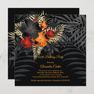 Orange Red Black Hibiscus Floral Birthday Invitation