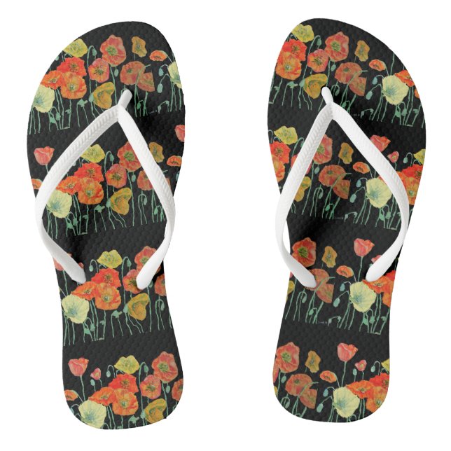  Orange Red Black Poppies Floral Flowers Ladies Flip Flops (Footbed)