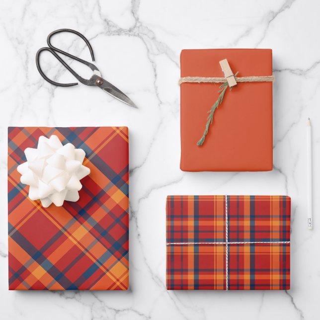 Orange, Red & Blue Plaid Wrapping Paper Sheets (Front)