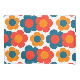 Orange Red Blue Retro Y2K Bold Blossom Floral Pillow Case