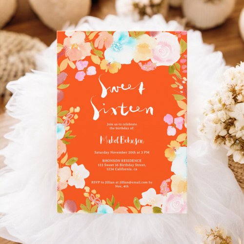 Orange red boho floral watercolor script Sweet 16  Invitation