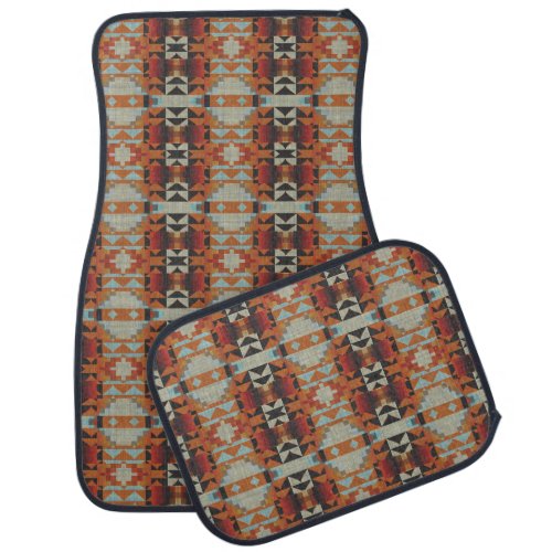 Orange Red Brown Blue Native Tribal Mosaic Pattern Car Floor Mat