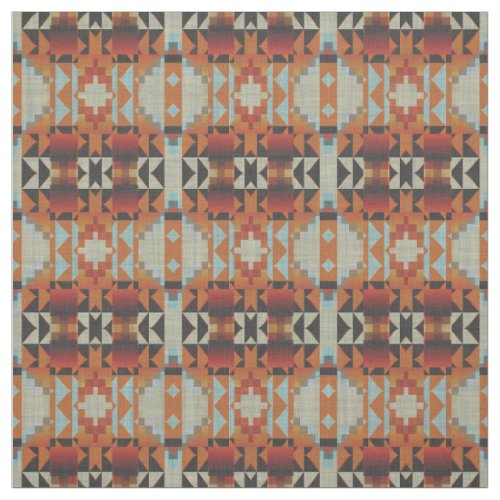 Orange Red Brown Blue Native Tribal Mosaic Pattern Fabric