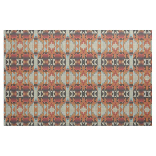 Orange Red Brown Blue Native Tribal Mosaic Pattern Fabric