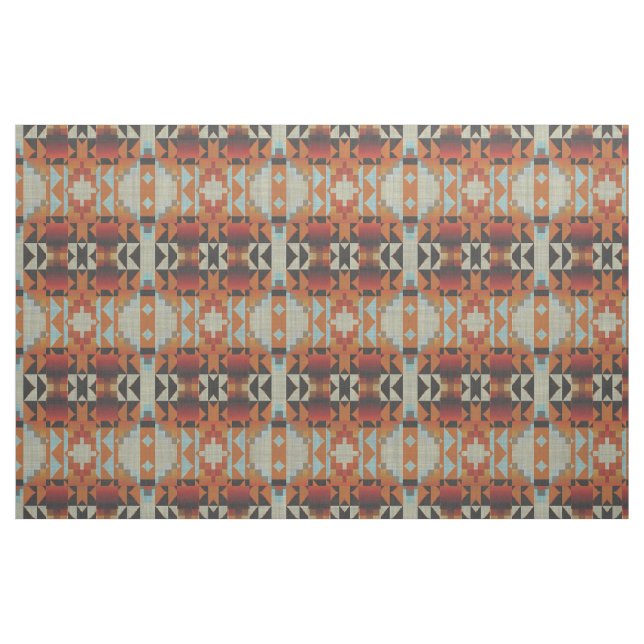 Orange Red Brown Blue Native Tribal Mosaic Pattern Fabric (Fat Quarter)