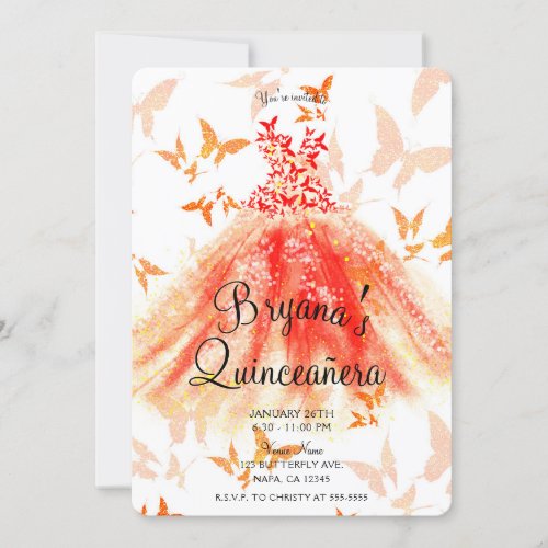 Orange Red Butterfly Dance Dress Quinceaera Party Invitation