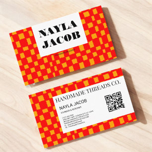 Orange Red Checkerboard Pattern QR Code Handmade Business Card