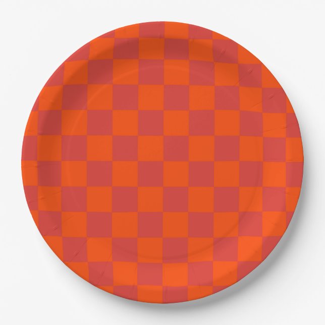 Orange Red Checkered Classic Retro Check Pattern  Paper Plates (Front)