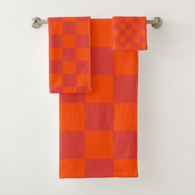 Orange Red Checkered Gingham Pattern Bath Towel Set (Insitu)