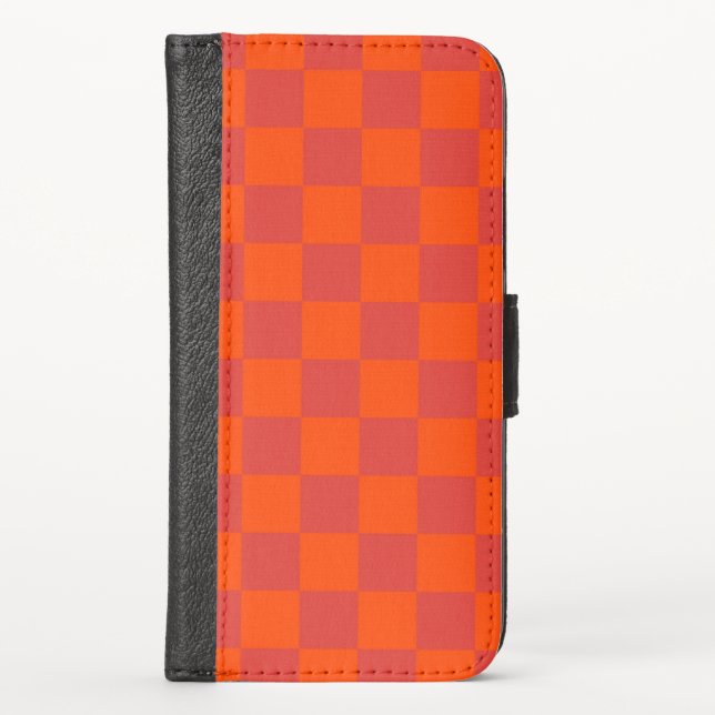 Orange Red Checkered Gingham Pattern iPhone Wallet Case (Front)