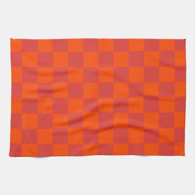 Orange Red Checkered Gingham Pattern Kitchen Towel (Horizontal)