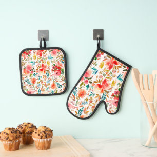 Orange red colorful rose floral summer oven mitt & pot holder set