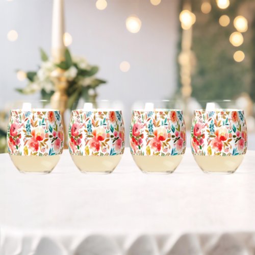 Orange red colorful rose floral summer  stemless wine glass