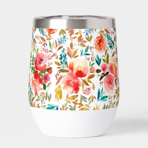 Orange red colorful rose floral summer  thermal wine tumbler