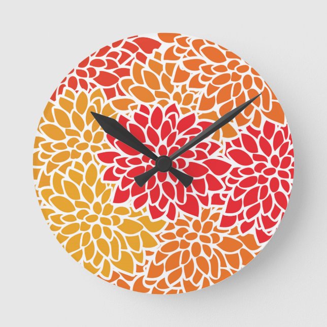 Orange Red Colorful Vintage 60s Flower Round Clock (Front)