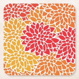 Orange Red Colorful Vintage 60s Flower Square Paper Coaster
